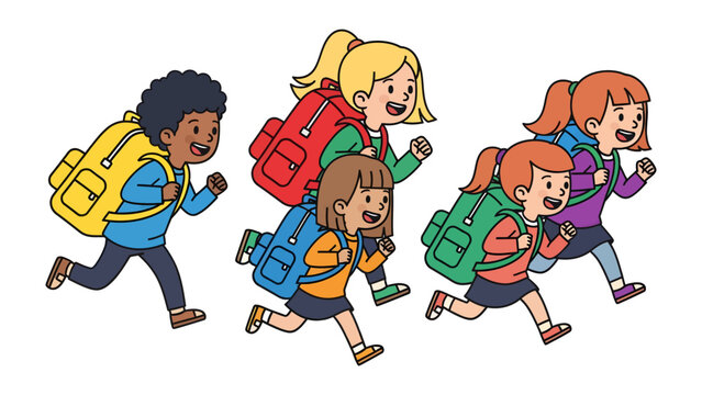Kids Rush to School: A group of diverse elementary school children, laden with colorful backpacks, race forward with excitement, eager for a new day of learning and adventure.