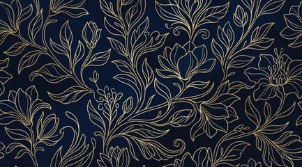 Seamless pattern with golden outline magnolia flowers and leaves on a deep navy blue background © S.Siam