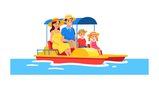 Family Fun on the Water: A cheerful family enjoys a sunny day, pedaling a boat on a calm blue lake, wearing matching straw hats and bright summer outfits.