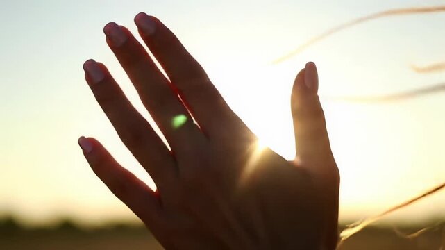 Silhouetted human hand in ECU, gently uplifted, volumetric golden hour sun rays and anamorphic flares pierce a dreamlike blurred background, radiating profound spirituality