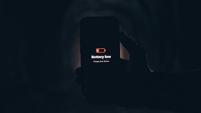 Smartphone Displaying Low Battery Warning Inside Dark Tunnel With Bright Backlight, Cinematic Technology Scene About Power Failure and Survival Emergency