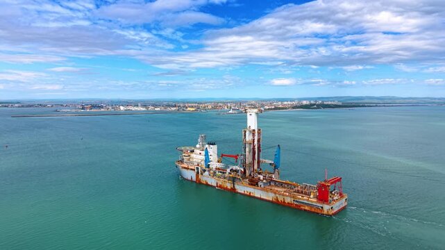Aerial view of offshore drilling vessel sailing near coastal city port. Industrial drillship with central derrick tower navigating in turquoise sea near a harbor coastline under cloudy sky.