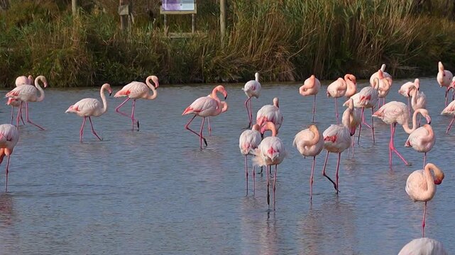 Greater Flamingo, Phoenicopterus roseus in the Ornithological park of Pont de Gau in Camargue regional national park in Saintes Maries de la Mer in France