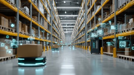 Fototapeta premium Smart logistics robot carrying a brown parcel through a well-lit warehouse aisle featuring digital scanning icons and automated storage systems.