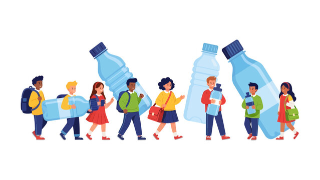 Children Carrying Water Bottles: A diverse group of children, each carrying a water bottle, walk together in a line, symbolizing hydration, environmental awareness, or a school journey.