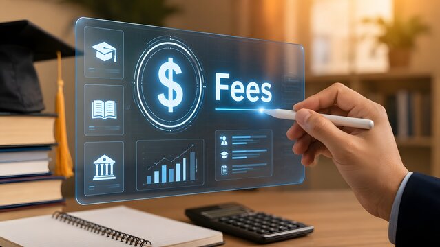 Education fees payment concept with digital finance dashboard calculator books and hand using stylus for school tuition cost management