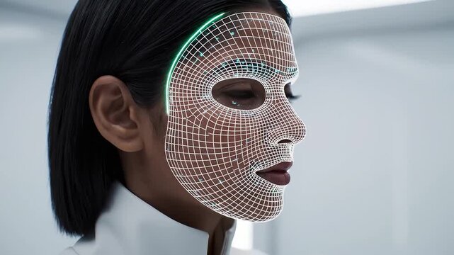 Woman with digital face grid in white outfit emphasizing futuristic concepts and connectivity