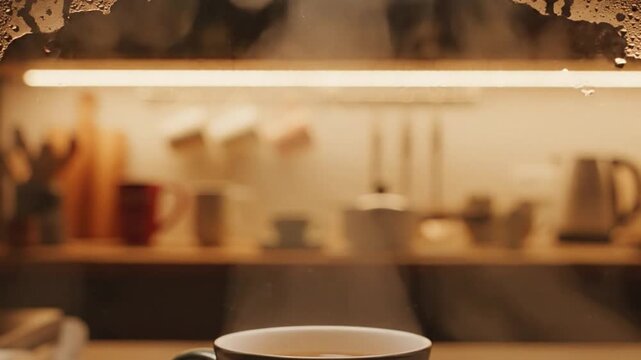 Steaming cup of coffee on table with blurred kitchen background and condensation on glass