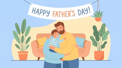 Fototapeta premium Illustration of a happy father and son hugging in a cozy living room with plants and a Father's Day banner.