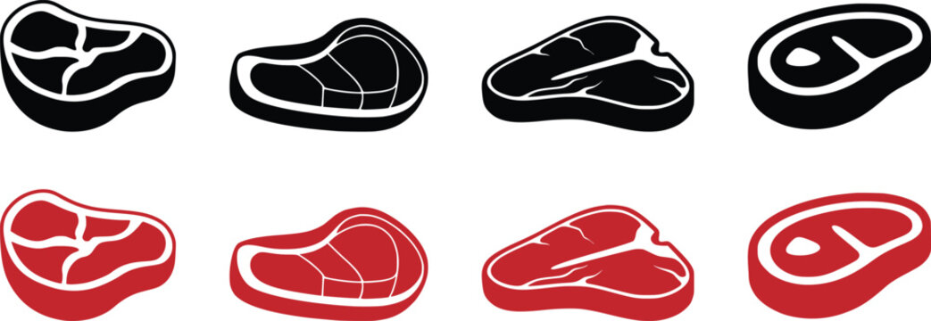 Raw meat beef steak fresh food icon vector set