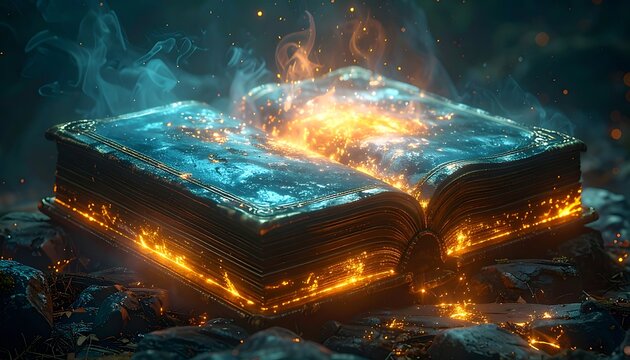 A mystical, ancient book with glowing pages