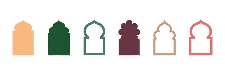 Islamic Window Frame Icon Set in Flat Style Featuring Oriental Arches, Mosque Doors, and Domes for Ramadan Kareem and Eid Mubarak Design Vector Illustration © ARIF AHMED 03
