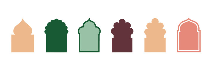 Islamic Window Frame Icon Set Featuring Flat Style Oriental Arches, Mosque Doors, and Domes for Ramadan Kareem and Eid Mubarak Design Vector Illustration © ARIF AHMED 03