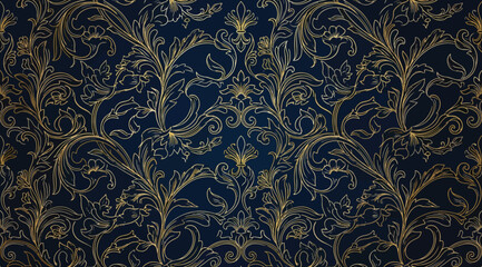 Luxury seamless pattern with gold floral ornament on dark blue background © Saharia