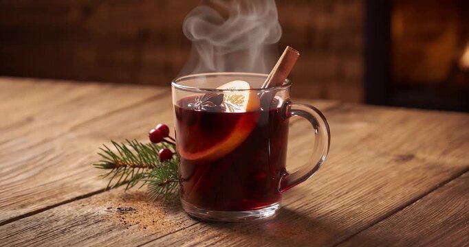 Steaming mug of mulled wine with orange and cinnamon on a rustic wooden table, accompanied by festive evergreen and berries, in a cozy setting with a fireplace.