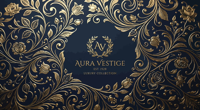 Luxury gold floral frame with ornamental filigree on dark blue background, elegant vintage border design for invitation or certificate