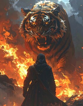 A hooded figure faces a gigantic tiger amidst flames