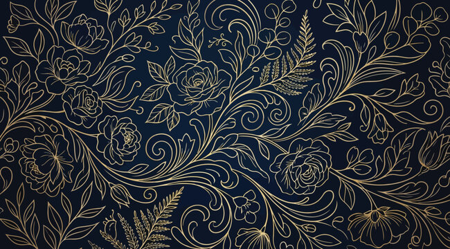 Elegant floral pattern with golden line art roses and leaves on a dark navy blue background