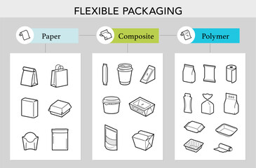Set icons of types of flexible packaging.Infographics icons. The outline icons are well scalable and editable. Contrasting elements are good for different backgrounds. EPS10. © realstockvector