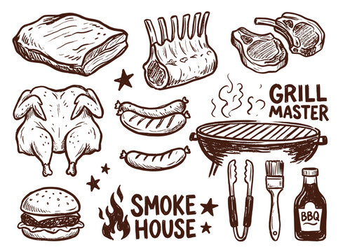 Hand Drawn BBQ Grill Master and Smokehouse Elements Set Vector Illustration &ndash; Monochromatic Brown Line Art Sketch of Barbecue Grill, Raw Meat, Sausages, and Roasted Chicken, Whimsical Cooking Graphic