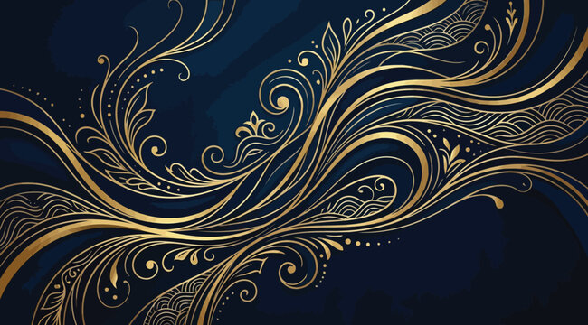 Abstract gold flowing lines and floral swirls on dark blue background