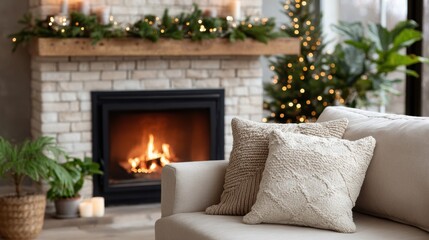Fototapeta premium Cozy living room interior featuring a beige sofa with decorative pillows, a stone fireplace with a warm fire, and a Christmas tree adorned with lights
