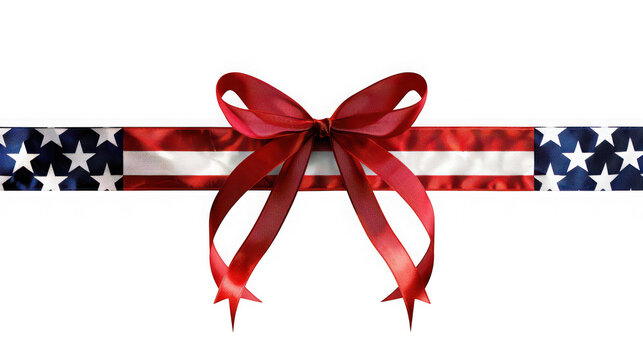 Patriotic red ribbon with american flag star pattern and a festive bow isolated on transparent background