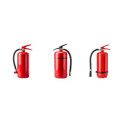 Obraz premium A red chemical fire extinguisher with hose and handle is isolated from a white background.