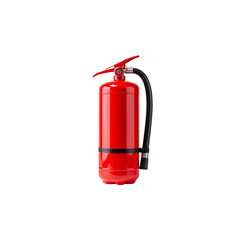 Fototapeta premium A red chemical fire extinguisher with hose and handle is isolated from a white background.