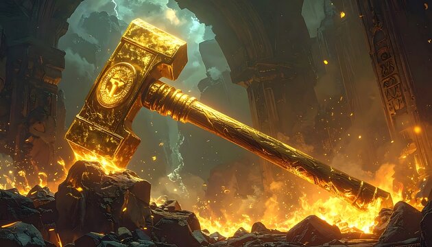 A large golden mallet amidst flames and ruins