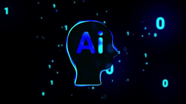AI text inside glowing neon human head contour on binary code background. Artificial intelligence digital brain and tunnel with numbers flow on black