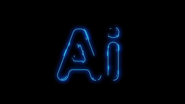 AI typography animation with blue neon lines drawing text contour. Futuristic artificial intelligence tech intro on black