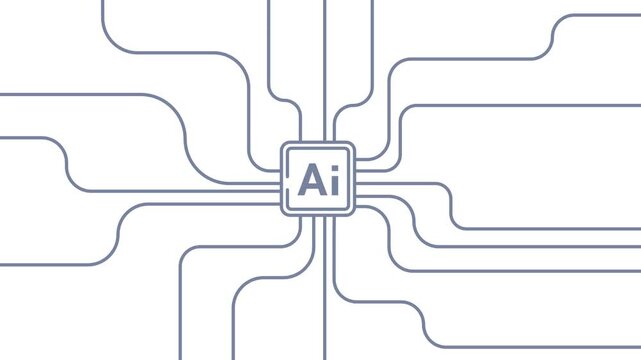 Animated AI icon with flashing network lines forming data structure. Artificial intelligence computing process on white