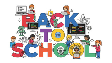 Fototapeta premium Back to School Coding Adventure: A vibrant illustration depicts children actively engaged with technology, coding, and robotics, all set against the bold Back to School text.