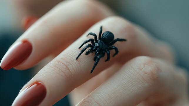 Macro close up of a black spider sitting on a womans hand.