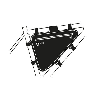 Black bicycle frame bag with zipper and 'RIDE' text, attached to a bike frame, depicted in a minimalist flat design vector illustration