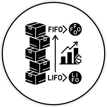 FIFO and LIFO inventory management methods glyph icon showing stacked boxes, financial growth, and accounting principles.