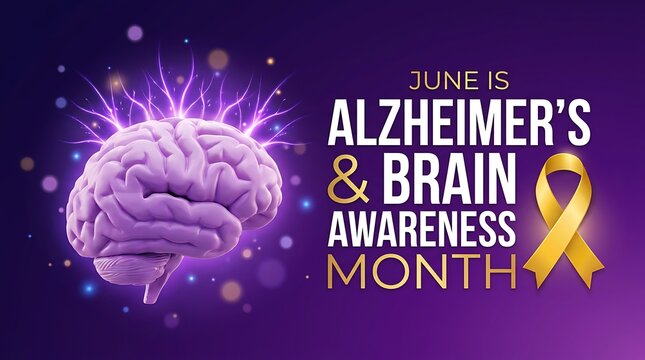 June is alzheimer's and brain awareness month purple background with brain and yellow ribbon.