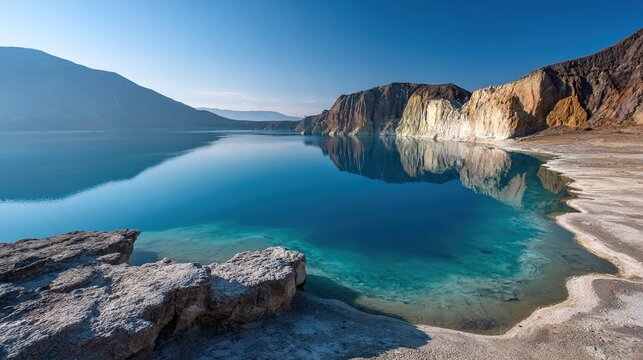alkaline. Calm volcanic crater lake with milky blue water and white deposits. travel magazines, destination branding, designed for travel destination branding, used by hospitality managers.
