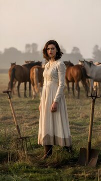 Mujer joven con vestido largo blanco de &eacute;poca de pie en un campo o granja con caballos de fondo al amanecer