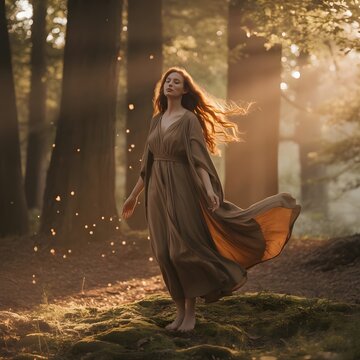 Mujer con vestido largo ondeante caminando descalza por un bosque m&aacute;gico iluminado por rayos de sol dorados y luci&eacute;rnagas