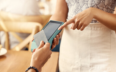 Waiter, hands and customer with credit card on pos machine for payment or transaction in...