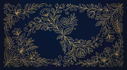 Elegant gold floral border design on dark blue background, luxury vintage botanical frame with roses and lilies © Saharia