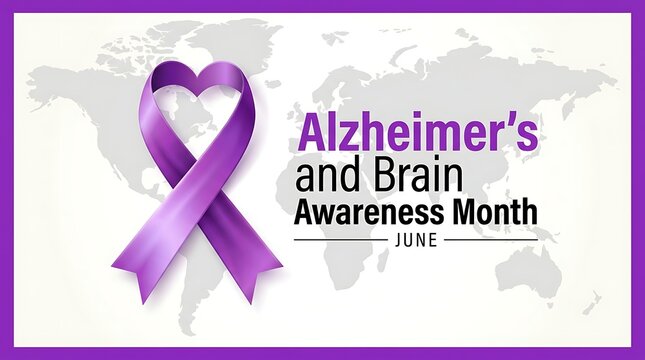 Alzheimers and brain awareness month june with purple awareness ribbon and world map background for global health campaign.