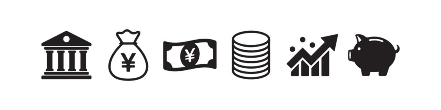 Financial and banking icon collection with bank, money bag, yen banknote, coins, growth chart, and piggy bank.