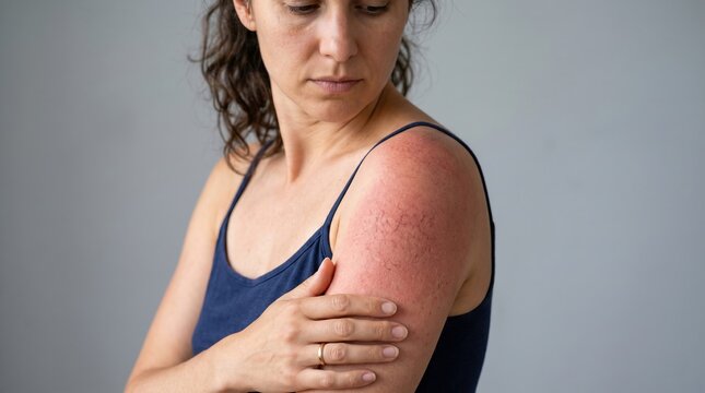 Woman looking down at red inflamed skin rash on her upper arm and shoulder