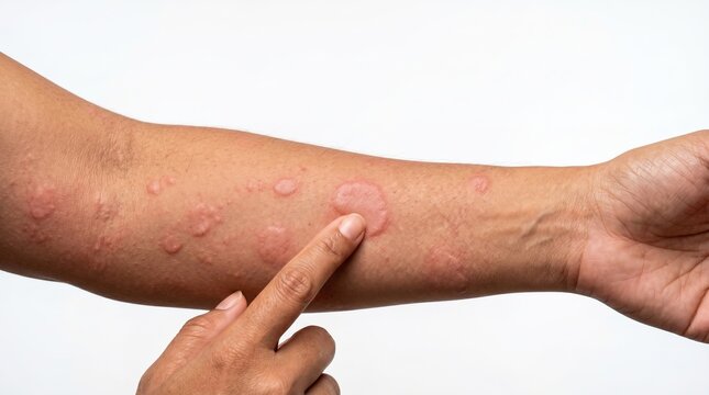 Hand pointing to raised red hives and swelling welts on forearm skin