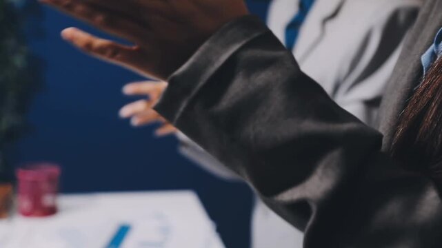 Hands, happy and business people clapping hands in support of speech or presentation at tradeshow. Hand, audience and motivation from crowd training, workshop or conference for sales, growth and goal