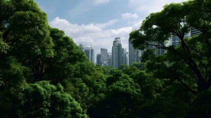 Fototapeta premium Lush green trees frame an expansive view of a modern cityscape and towering buildings under a bright sky