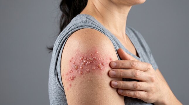Close up of shingles herpes zoster virus breakout with fluid filled blisters on shoulder